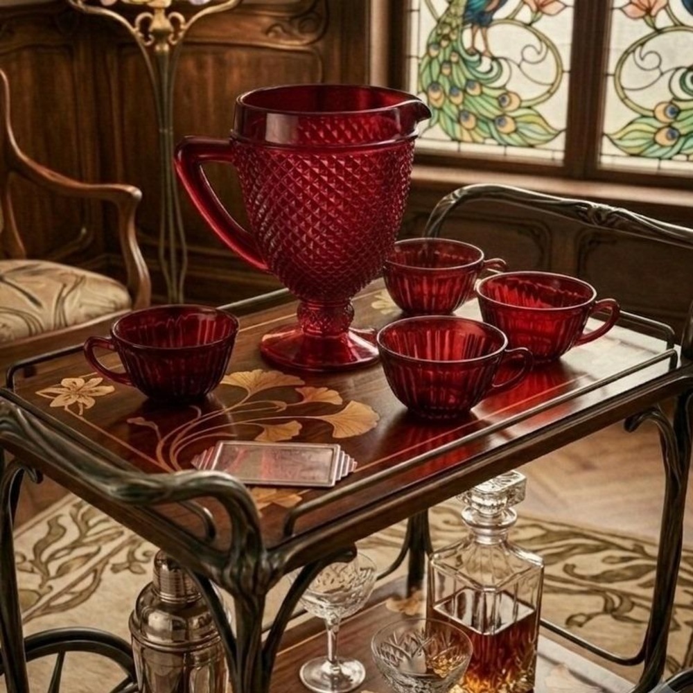 Vintage Ruby Red Glass Set: Old Cafe Cups & Diamond Point Pitcher, Holiday Decor